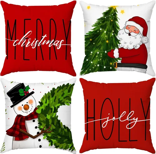 Miniatura 8 de Brightown Juego de 4 fundas de almohada rojas de Navidad de 18 x 18 pulgadas, decoración de Navidad, decoración de vacaciones de invierno, funda