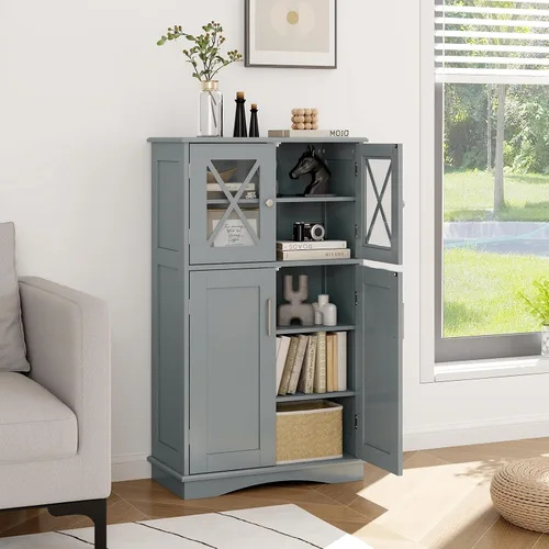 Miniatura 2 de Giantex Armario de almacenamiento de piso de baño, gabinete de piso de lino con puertas y estantes ajustables, organizador de almacenamiento lateral