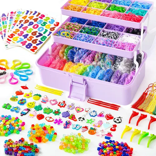 INSCRAFT Más de 17500 bandas de telar de goma con contenedor de tres capas color lila claro, 28 colores, 600 clips en forma de S, 352 cuentas, 40