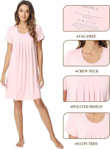 Miniatura 4 de NACHILA Camisones para mujer, viscosa hecha de bambú, camisón de manga corta, plisado, ropa de dormir suave