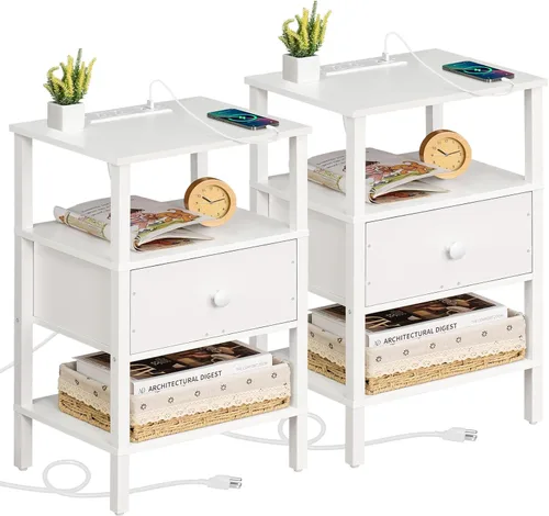Miniatura 13 de Lerliuo Mesita de noche con estación de carga y puertos USB, mesa auxiliar de almacenamiento de 3 niveles con cajón y estante, mesita de noche