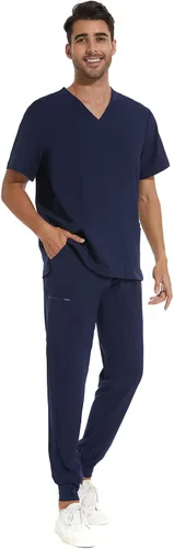 Miniatura 3 de COZYFIT Conjunto de ropa quirúrgica para hombre camiseta elástica con cuello en V y pantalón deportivo con 8 bolsillos, cintura de yoga, ropa