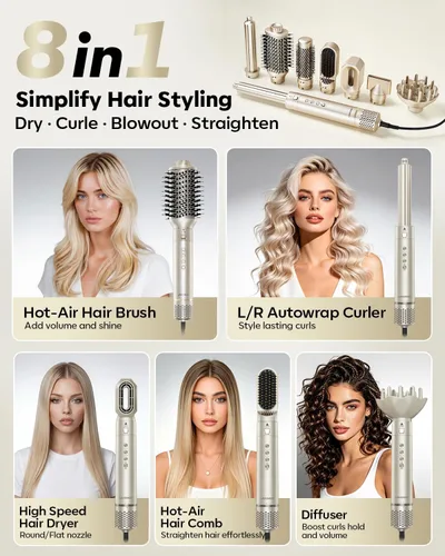 Miniatura 2 de Moldeador de Aire Caliente 8 en 1 de Doble Voltaje y Cepillo Secador de Cabello con Accesorios Alisador y Rizador, 110,000 RPM Secado Rápido Iónico