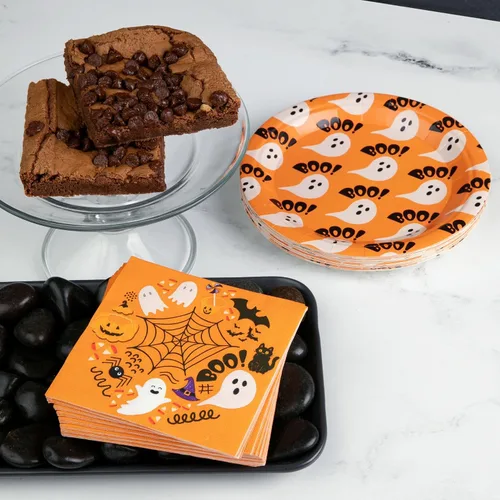 Miniatura 6 de Juego de vajilla desechable de 80 piezas con diseños de fantasma y calabaza, incluye platos de 9 y 7 pulgadas, servilletas de cóctel y almuerzo