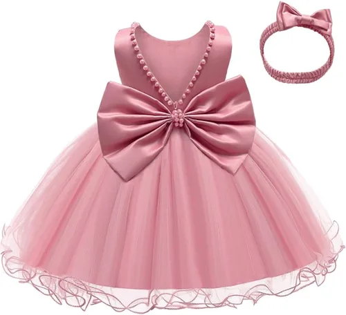 Vestido de encaje con volantes y espalda descubierta con tocado, con lazo, flores, concurso, fiesta, boda