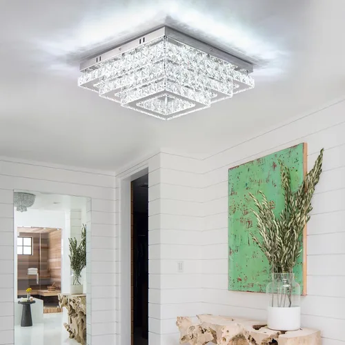 Miniatura 5 de Finktonglan Accesorio de Lámpara de Techo LED de Cristal Cuadrada Moderna, Candelabro de Cristal Regulable de 15" Luces de Techo de 3 Niveles