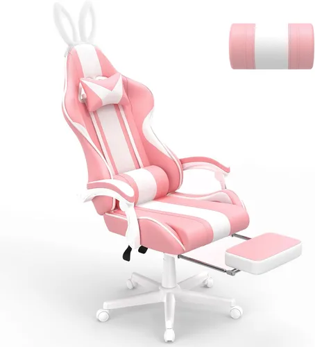 Miniatura 12 de Ferghana Kawaii - Silla de juegos azul claro con orejas de conejo, ergonómica y bonita silla para jugadores con reposapiés y masaje, silla