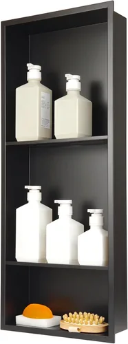 Miniatura 16 de Nicho de ducha empotrado de 24 x 12 pulgadas con estantes dobles, inserto de pared de acero inoxidable negro mate, no necesita azulejos