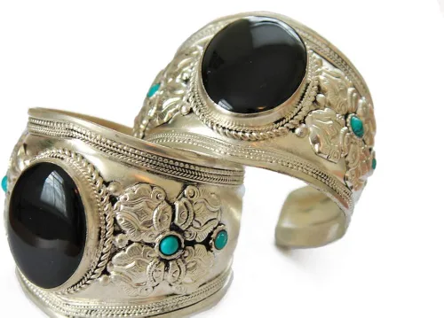 Miniatura 2 de Pulsera ajustable de acero inoxidable chapado en argencio de ónix negro Joyería bohemia de Nepal, Piedra, Ónix