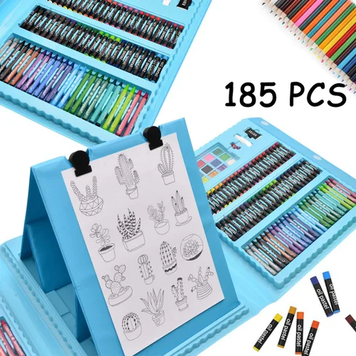 Miniatura 3 de Sunnyglade Juego de Arte de Caballete Tríptico de Doble Cara de 185 Piezas, Caja de Arte de Dibujo con Pasteles al Óleo, Crayones, Lápices de Azul