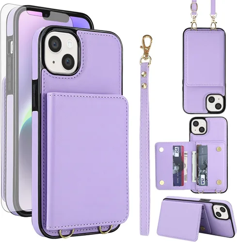 Miniatura 8 de Funda de teléfono para iPhone 13 Mini de 5.4 pulgadas con protector de pantalla, correa cruzada para muñeca, bloqueo RFID, tarjetero de crédito