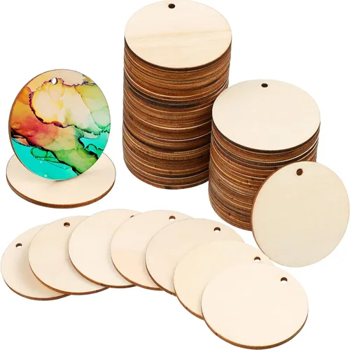 Miniatura 8 de 100 piezas de discos de madera redondos sin terminar con orificios, círculos de madera natural en blanco para manualidades, recortes de madera