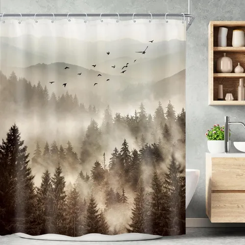 Miniatura 14 de Riyidecor - Cortina de ducha para baño pequeño de montaña, 36 pulgadas de ancho x 72 pulgadas de alto, verde, para RV, temática rústica, naturaleza