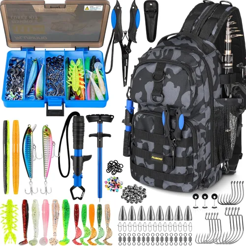 PLUSINNO Bolsa Impermeable Tipo Bandolera para Aparejos de Pesca con Cajas de Aparejos y Portacañas, Regalos para Hombres con Señuelos, Alicates,