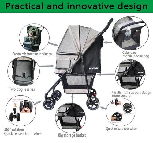 Miniatura 5 de ROODO Cochecito de 4 Ruedas para Perros y Gatos Mascotas, el Mejor Ligero Plegable Compacto Portátil Jogger Todo Terreno Viaje Equipo para Mascotas