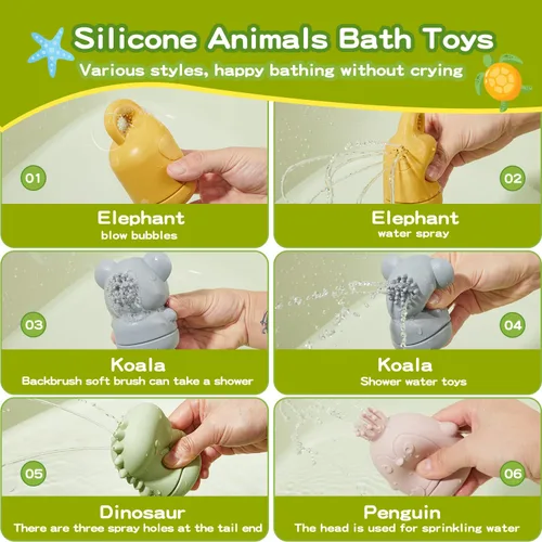 Miniatura 3 de Juguetes de baño para bebés, 9 unidades, juguetes de baño sin moho para bebés de 6 a 12 meses, juguetes de baño de silicona fácil de limpiar