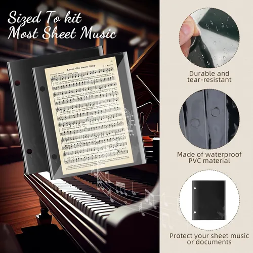 Miniatura 2 de 12 piezas de folio negro con tapa para archivos de música, archivos, hojas de 7.3 x 6.3 pulgadas, PVC impermeable, para ventana, carpeta musical