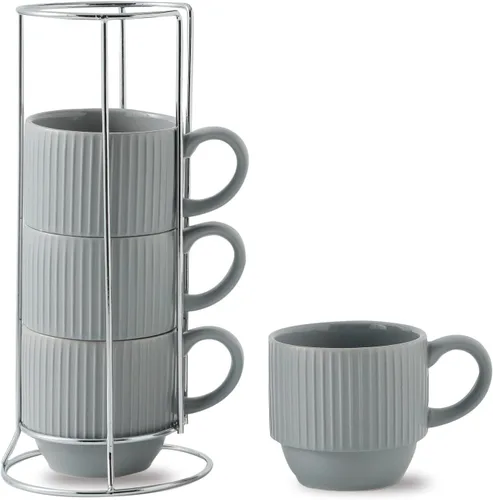 Miniatura 22 de Hasense Juego de tazas de café, juego de 4 tazas de té apilables con soporte - Juego de tazas grandes de cerámica acanaladas de 15 onzas para latte