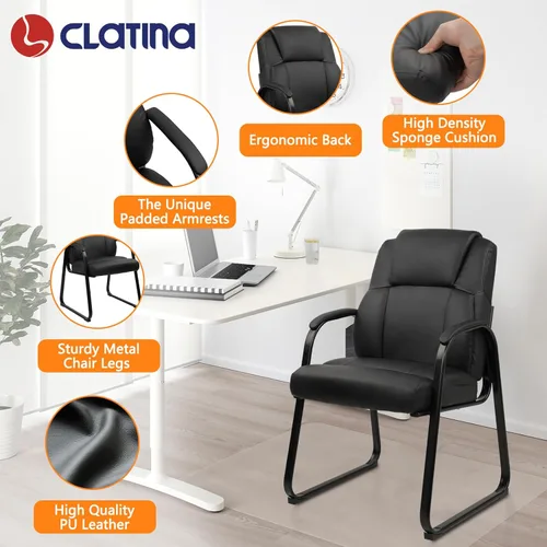 Miniatura 4 de CLATINA Silla de recepción de cuero para invitados con base de trineo, sillón estacionario de oficina con reposabrazos acolchados para reuniones