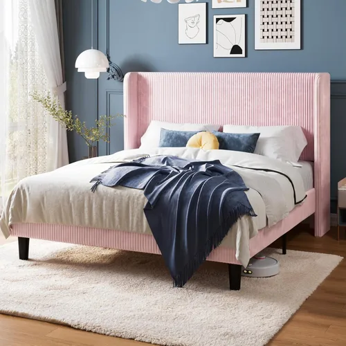 Miniatura 18 de Allewie - Base de cama tamaño Queen con cabecera tapizada de ala de respaldo, plataforma de cama de terciopelo corduroy acolchado con diseño Negro