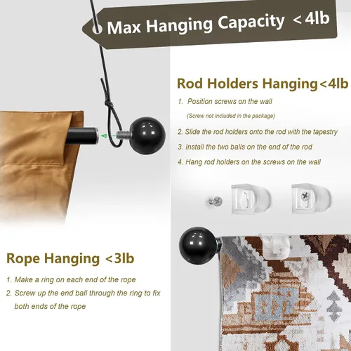 Miniatura 4 de Barra Telescópica para Colgar Tapices de 17-32 Pulgadas para Tapices Estéticos Ligeros Decoración de Habitación Barra Escalable para Colgar en Pared