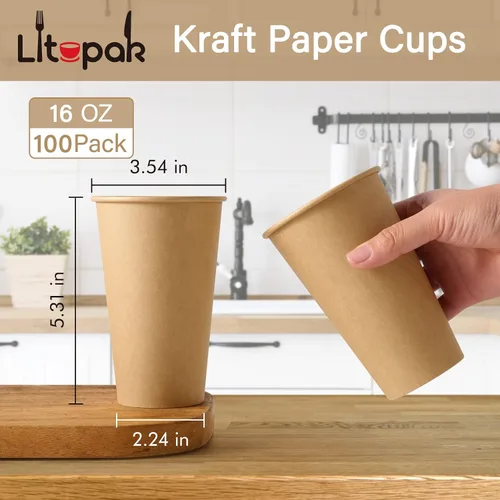 Miniatura 2 de LITOPAK Paquete de 100 tazas de papel kraft de 16 onzas para agua, jugo y té, tazas de café caliente desechables para hogar, restaurante, tienda