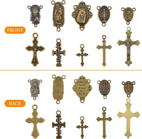 Miniatura 4 de 50 piezas Dijes de Cruz y Centro de Rosario Medalla Milagrosa Colgantes de Crucifijo de Jesús Tibetano Eslabones de Araña Ovalados de Virgen María