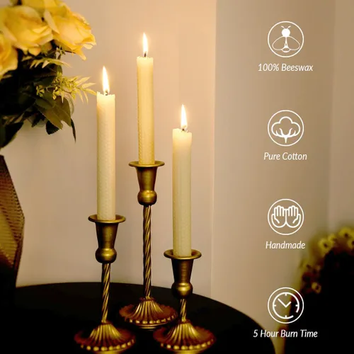 Miniatura 5 de Paquete de 4 velas cónicas de cera de abeja enrolladas a mano, sin goteo, aroma natural orgánico, 8 pulgadas en blanco hueso