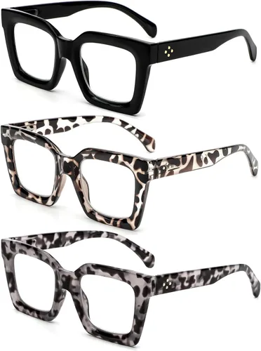 Miniatura 2 de REAVEE - Paquete de 3 gafas de lectura de marco grueso sobredimensionado para mujeres con bloqueo de luz azul, elegantes gafas de lectura