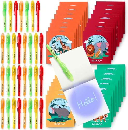 BONNYCO Bolígrafo de tinta invisible y cuaderno de 32 recuerdos de fiesta de safari para niños | Bolígrafo espía de fiesta de la selva, premios de