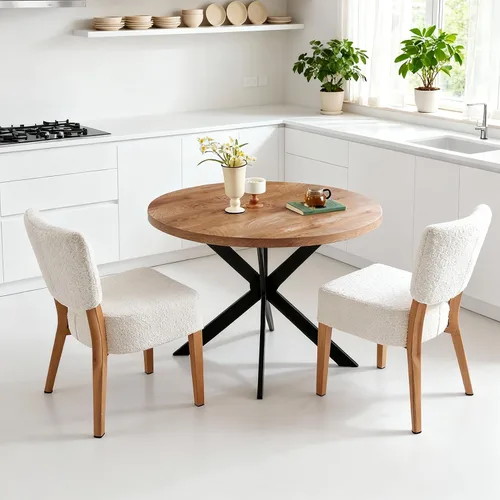 Miniatura 6 de Juego de mesa redonda y silla de 3 piezas, ahorro de espacio, rincón de desayuno, mesa de madera de nogal con marco de metal y 2 sillas de comedor