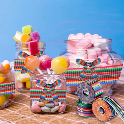 Miniatura 6 de Cinta de Serape mexicano para fiesta, 4 rollos de cinta de rayas de arco iris, cinta mexicana para fiesta, cinta de grogrén colorida para envolver