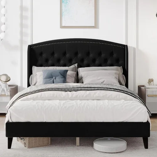 Miniatura 9 de Base de cama tamaño Queen, plataforma tapizada con cabecera de ala y diseño capitoné de botones, soporte de listones de madera, fácil montaje,