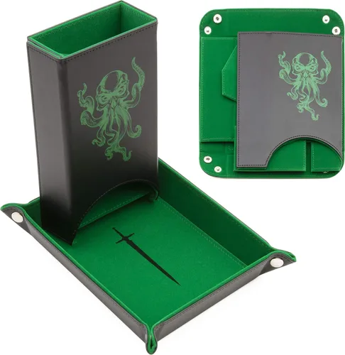 CASEMATIX Juego de torre de dados portátil y bandeja con interior de fieltro antiarañazos, torre rodante de dados automática plegable de 8 pulgadas