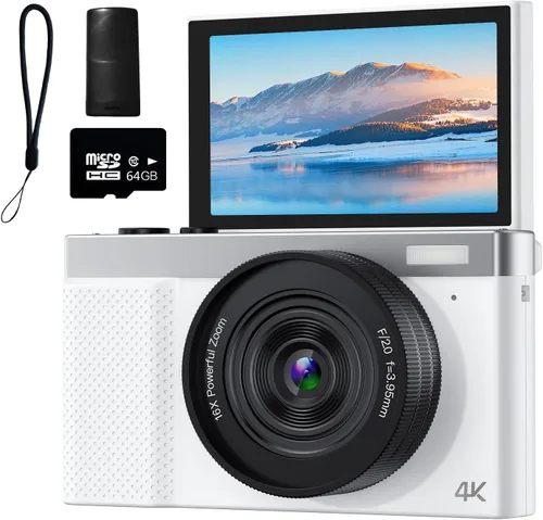Cámara digital 4K, cámara de vlogging de 64MP para fotografía con pantalla abatible de 180° de 3 pulgadas, cámara digital compacta 16X con tarjeta