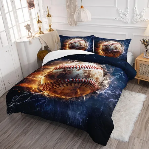 Miniatura 3 de Datura home - Juego de edredón para niños con estampado de béisbol en llamas, juego de ropa de cama con patrón impreso de béisbol con 1 edredón y 2