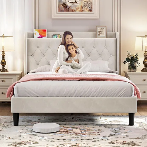 Miniatura 9 de koorlian Marco de cama tamaño completo, marco de cama completa con cabecero, marco de cama tapizado de terciopelo ajustable con puerto tipo C y USB