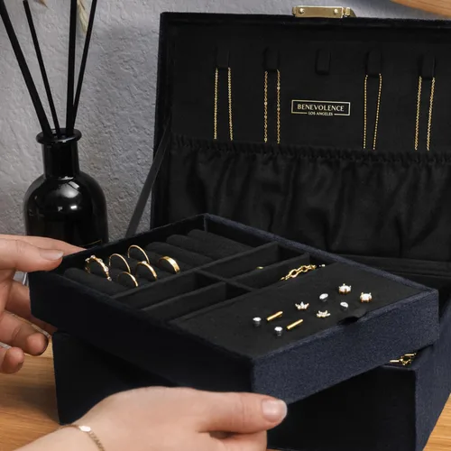 Miniatura 6 de Benevolence LA Joyero de 2 capas para mujer, organizador de joyas grande de terciopelo con cerradura decorativa, bandeja de joyería extraíble
