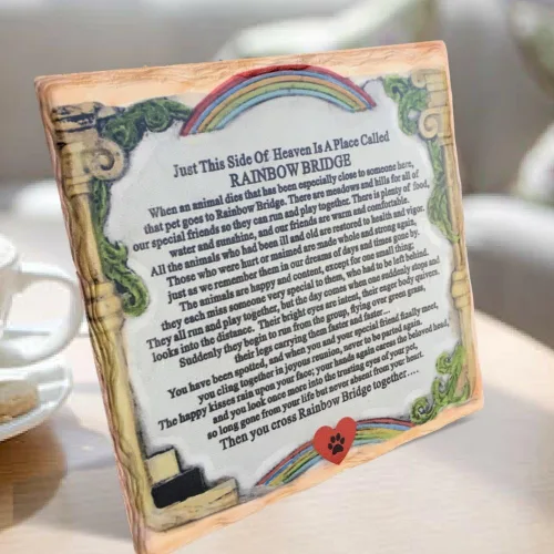 Miniatura 3 de BANBERRY DESIGNS Placa conmemorativa para mascotas – The Rainbow Bridge Story – Placa de recuerdo de escritorio para la pérdida de un perro o gato.
