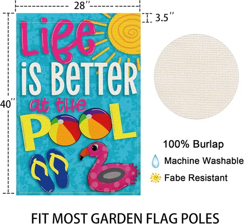 Miniatura 5 de Balgardekor Bandera de jardín Life is Better at the Pool de 28 x 40 pulgadas, bandera de casa grande vertical de doble cara de arpillera de verano