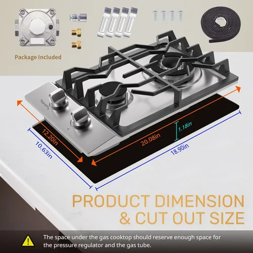 Miniatura 7 de TOPWISH Placa de cocina de gas de 12 pulgadas, estufa de propano con 2 quemadores sellados ITALY SABAF de 18,000 BTU, NG/LPG, estufa convertible
