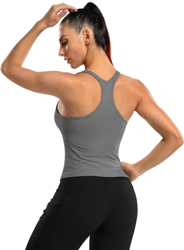 Miniatura 148 de ATTRACO Camiseta corta acanalada de entrenamiento para mujer con brasier integrado para yoga, espalda cruzada, ajuste ajustado