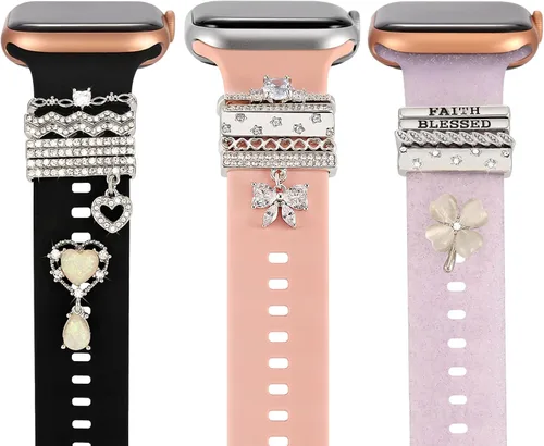 Miniatura 9 de 15 dijes de reloj con 12 trabillas decorativas para anillos, 3 tachuelas, accesorios de correa deslizante de diamante de metal compatibles con Apple