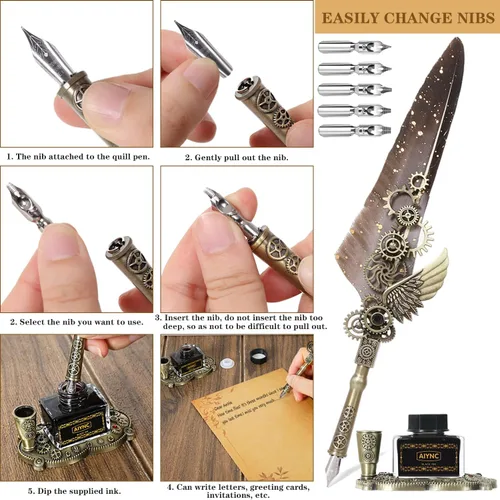 Miniatura 3 de Set de pluma estilográfica con pluma estilo tintero, cuaderno, 5 puntas reemplazables, sello, cuchara, cuentas de cera, cera blanca, tinta, Gris