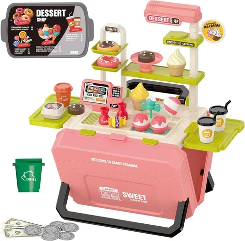 Juguetes divertidos para niños, juego portátil de postre para niños de 3 a 8 años, juguete realista de cocina al aire libre con 45 piezas, juego de