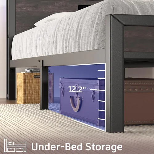 Miniatura 7 de E-Motie Base de cama de tamaño matrimonial con luces LED y estación de carga, cabecera de almacenamiento de madera con estantes de 2 niveles