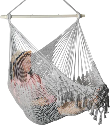 Miniatura 9 de Bathonly Silla hamaca de cuerda de algodón tejida a mano con barra separadora de metal, hamaca caribeña, silla colgante bohemia para dormitorio