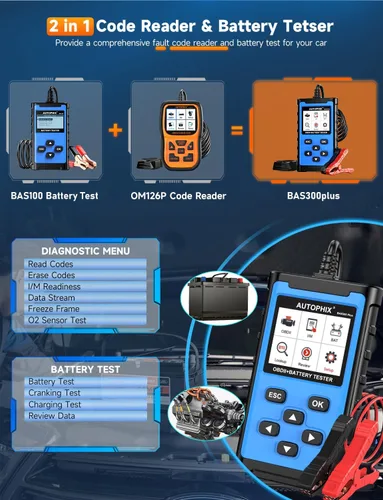 Miniatura 2 de AUTOPHIX Escáner OBD2 2 en 1 con probador de batería, BAS300 Plus 12V 100-2000 CCA carga de batería prueba de arranque lector de código de coche