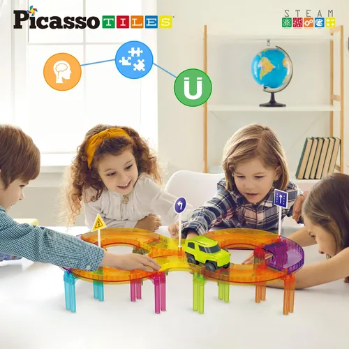 Miniatura 7 de PicassoTiles Carrera de coches de pista magnética azulejos magnéticos juguete de viaje sensorial azulejos juguetes para niños pequeños STEM