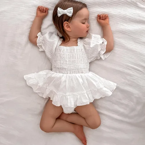 Miniatura 16 de Mameluco para bebés y niñas de 3, 6, 9, 12, 18 meses, enterizo de manga corta, fruncido, faldas y dobladillo, diadema